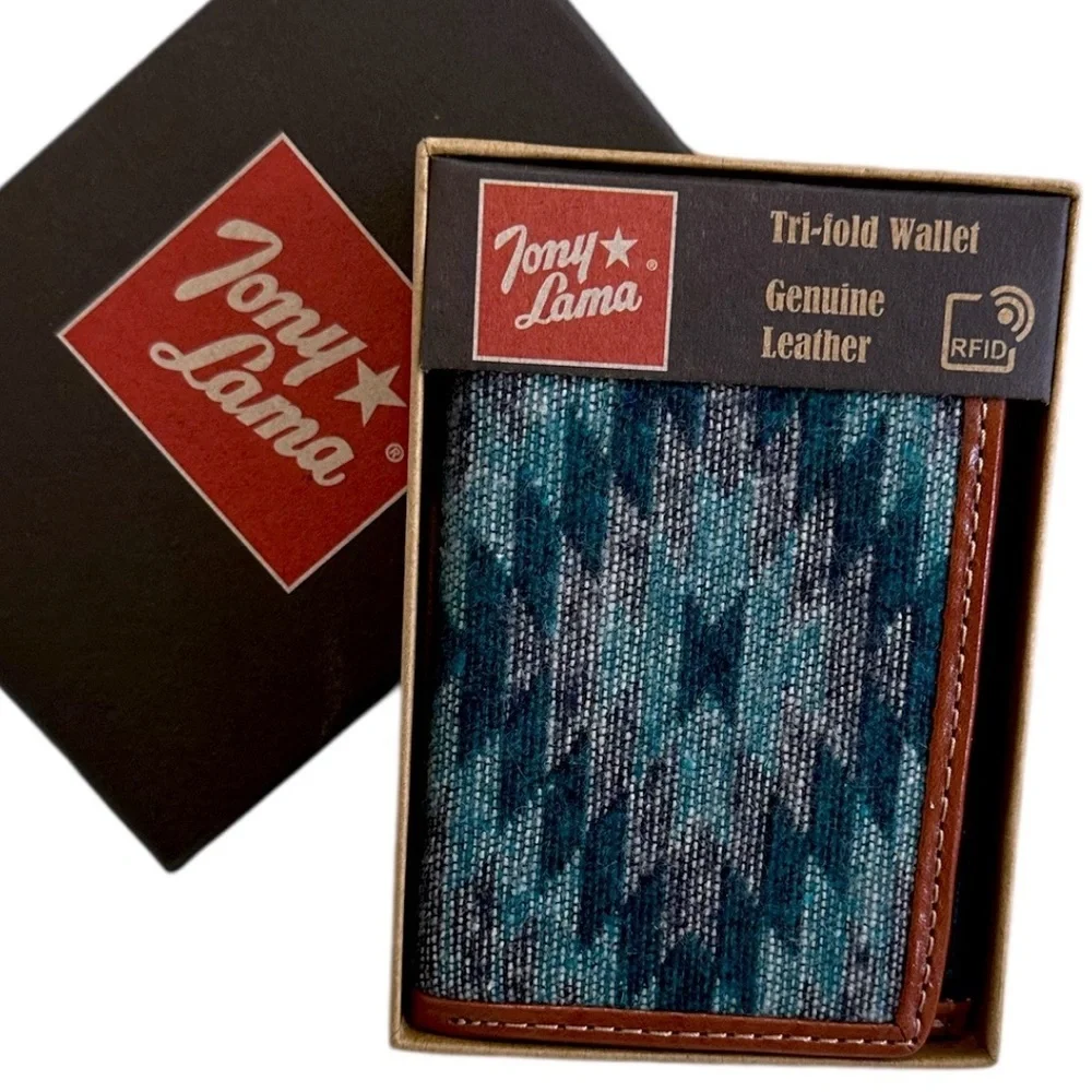 New Tony Lama Tri-Fold Wallet RFID Blue Aztec Canvas Leather Cowboy Western